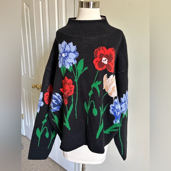 Anthropologie Maeve NWT Carys Mock Neck Sweater Black Flowers Graphics size XL - Picture 2 of 12